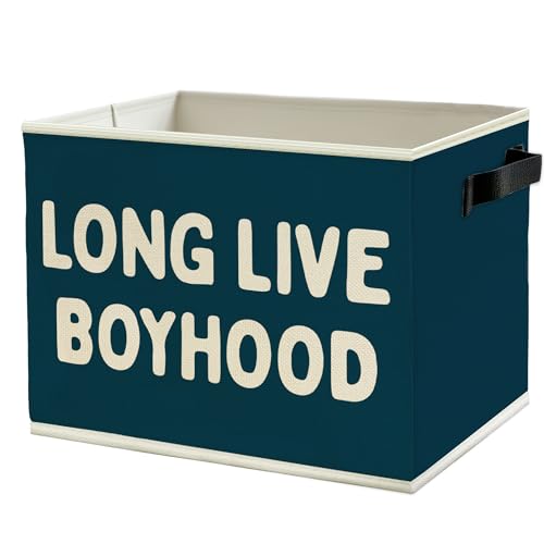 Image of Long Live Boyhood Boys Storage Bins Box with Handles, Blue Pattern Collapsible Basket Organizer for Kids Teen Boy Nursery Room Bedroom Bathroom Playroom Books Clothes