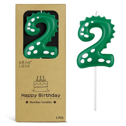 BEAN LIEVE Green Dinosaur Number 2 Birthday Candles - Dinosaur Theme Cake Candle for Kids Birthday Party, Baby Shower, Celebration Decorations - Adorable Design, Vibrant Green