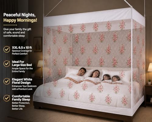 Image of ANS Premium Hanging Mosquito Net for Bed | XXL 6.5 x 10 ft | White Floral Print | Fine Mesh Protection | Cotton Border | Free Air Flow | Ideal for Large Size Bed & Joint of Single and Double Bed