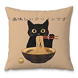 Fuasei Funny Vintage Cute Anime Black Cat Japanese Ramen Noodles Pillow Covers 18x18, Aesthetic Black Cat Art Painting Decor Pillow Covers for Room Bedroom