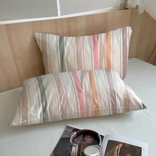 Image of VM VOUGEMARKET Multicolor Striped Duvet Cover Set King Washed Cotton Bedding Stripes Duvet Cover with 2 Pillowcases for Girls Women(Orange /Pink /Green /Coffee)