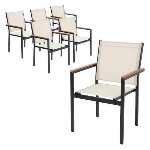 ML-Design Lot de 6 Chaises de Jardin avec Accoudoirs Aspect Bois, Beige, Structure en Aluminium...