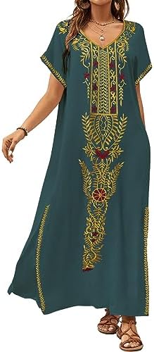 Bsubseach Women Embroidery Short Sleeve Bikini Swimsuit Cover Up Side Split Beach Kaftan Dress