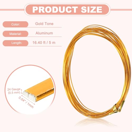 Image of uxcell 1 Rolls 24 Gauge Flat Aluminum Wire, 16.40 ft Soft Craft Wire for Flower Bonsai Crafts Carving DIY Bezel Sculpting Gem Metal Wrap, Gold Tone