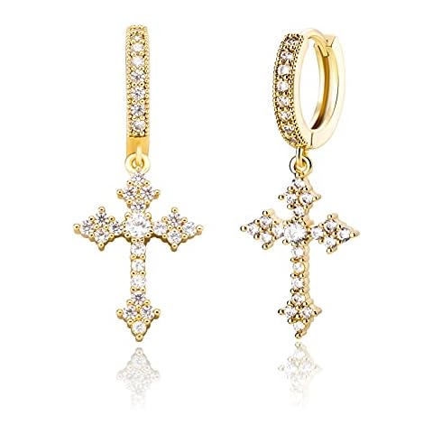 JINAO Cross Hoop Dangle Earrings 14K Gold Plated 5A+ Cubic Zirconia Cartilage Hypoallergenic Sterling Silver Cross Dangle Drop Earrings For Men Women-Hot Gold Cover