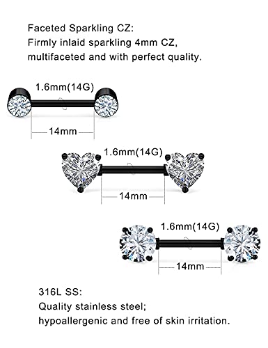 Hnxnskt 3 Pairs Surgical Steel Nipple Ring Cz Straight Barbell Heart Rhinestone Nipple Studs Nipple Bar Body Piercing Jewelry For Women Black #TOP1