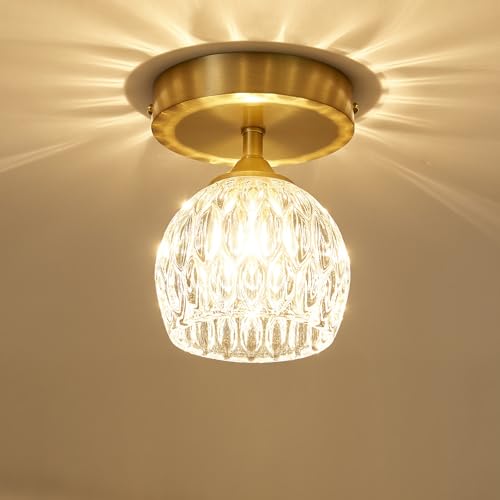 4.3'' Semi Flush Mount Ceiling Light, Light Luxury Ceiling Light Fixture, Clear Crystal Lampshade Vintage Hallway Lights Fixtures, Brass Base Flush Mount Ceilings Lights for Bedroom 【No Bulb Included】