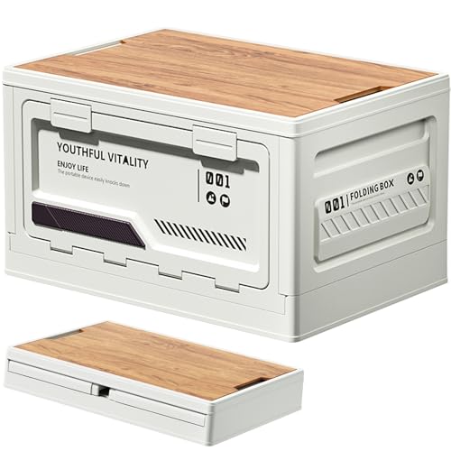 Zilnox コンテナ ボックス 折り畳み キャンプ 折りたたみコンテナ 木製の蓋付き 収納ボックス 大容量 アウトドア 収納ケース 強い耐荷重 収納 組み立て簡単 ホワイト 1個 L 幅50×奥行35×高さ28.5cm