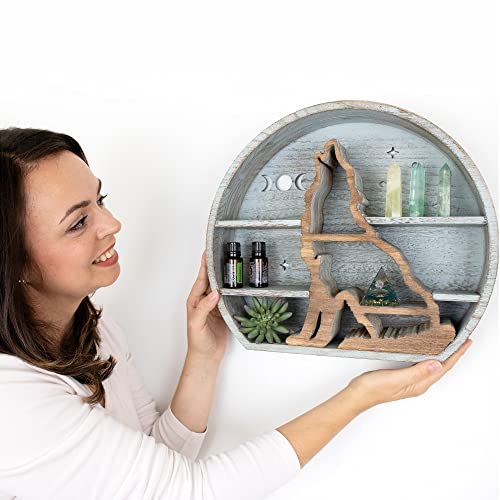 Wondermar Wolf Shelf For Crystals - Crescent Moon Shelf For Rocks, Oils, Plants - Crystal Shelf Display For Wall Decor Or Tabletop - Floating Moon Shelves For Cabins, Boho, Rustic, Farmhouse - (Grey) #TOP6