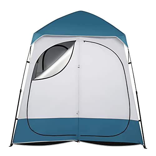 2 Room Shower Double Dressing Tent, 7.5 FT Instant Pop Up Shelter with Carrying Bag, Privacy Changing Room Tent for Portable Toilet, Easy Setup, for Camping, Dressing,Blue/White