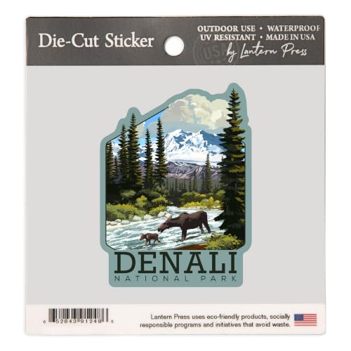 Lantern Press Sticker Denali National Park, Alaska, Moose and River Rapids Die Cut Vinyl, (Waterproof Decal for Cars, Water Bottles, Laptops, Coolers), Small