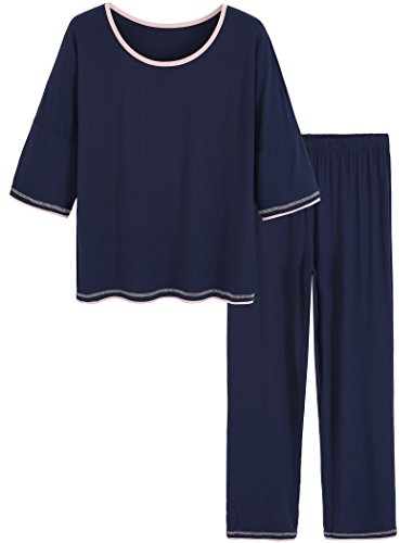 Latuza Women's 3/4 Sleeve Scoop Neck Pajama Set L Navy #TOP1
