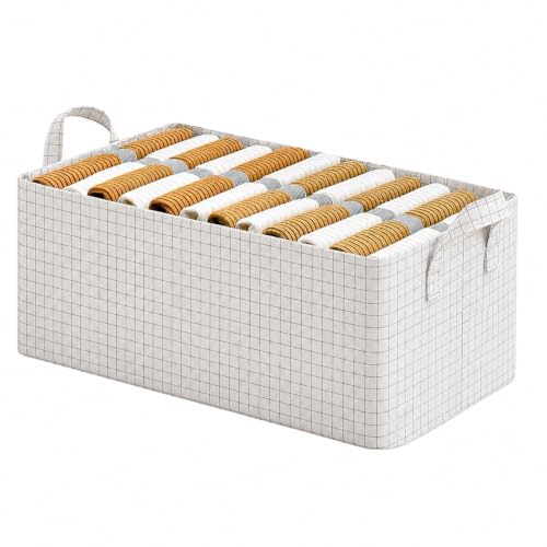 Image of HomeCloud Foldable Cloth Basket for Storage with Metal Frame and Handles, Clothes Organizer for Wardrobe, Clothing Storage Solutions (Off White, Set of 4)