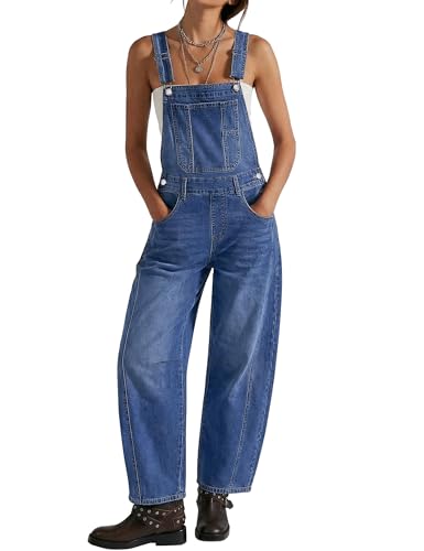 luvamia Denim Jumpsuit Women Barrel Overalls Denim Jumpsuits for Women Womens Baggy Barrel Jean Overalls Loose Fit Jean Bib Overall for Womens Classic Blue Size Large Fits US 12-14