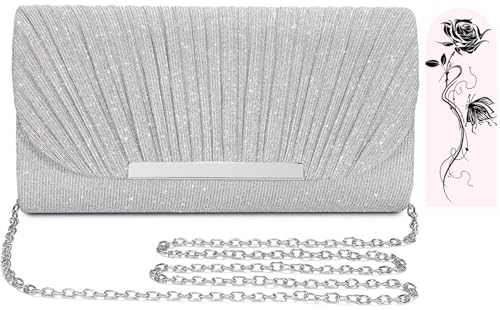 Aryan Clutch Silber, Handtasche Damen Klein Mit, Abendtasche Mit Abnehmbarer Kettenriemen für Hochzeit Party Freizeit Date