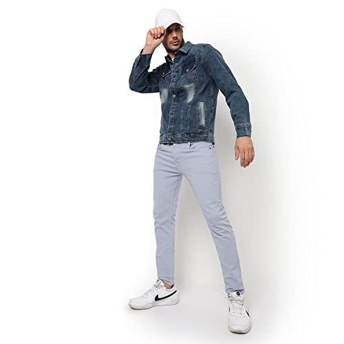 Image of Campus Sutra Men's Medium-Washed Blue Regular Fit Denim Jacket For Winter Wear | Collared Neck | Full Sleeve | Buttoned | Casual Denim Jacket For Man | Western Stylish Denim Jacket For Men