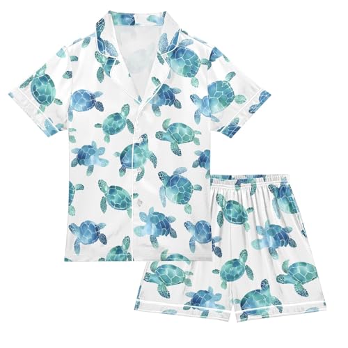 Watercolor Sea Turtle White Prints Summer Satin Pajama Set, Cute Button-Down Sleepwear Pj Set for Sleep Wears