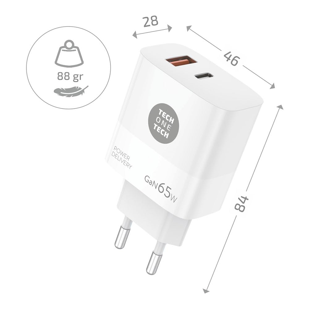 Cargador de Pared GaN Tech One Tech PD TEC2273 / 1xUSB Tipo-C/ 1xUSB/ 65W