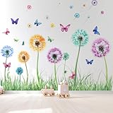 VePret Grands Pissenlits Colorés Décalcomies Murables, Autocollants Muraux Herbe Et Papillons, Décoration D'Intérieur En Vinyl Amovible Pour Chambre De Fille Nursery Ou Crèche