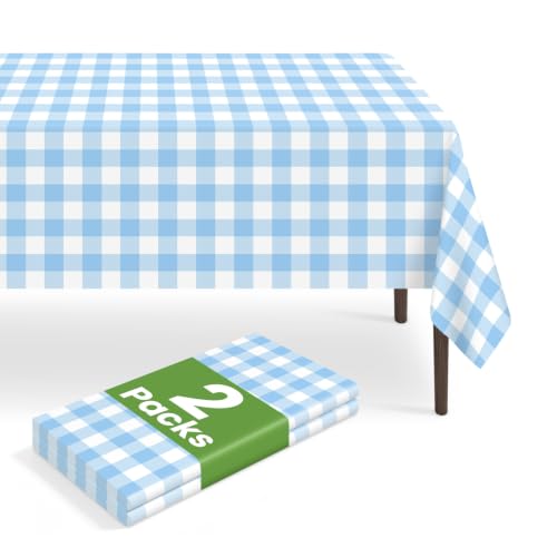 LIKAJON 2 Pack Disposable Blue Gingham Plastic Tablecloth, 54 x 108 Inch