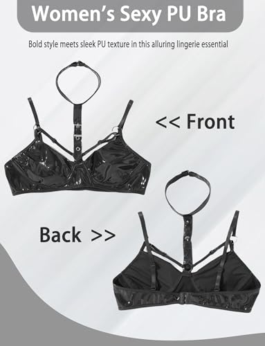 Maeau Damen Wetlook BH Glänzend Lackleder Bralette Sexy Neckholder Bra Clubwear EU XL (Asie XXL)