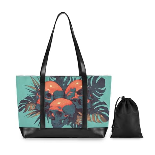 KLL Cool Human Skulls Green Monstera Deliciosa Leaves Waterproof bag for women 14 inch with zipper tote bag for women work Large Handbag for school with lunch maletín para laptop mujer2