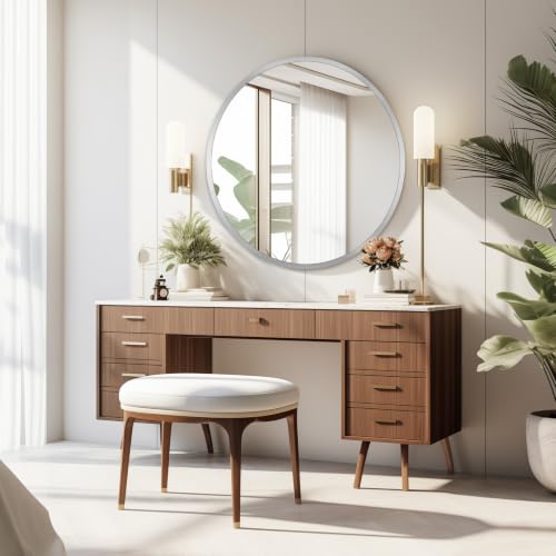 Image of Round Bathroom Mirror 60cm, Wall Mounted with Aluminium Metal Frame Silver