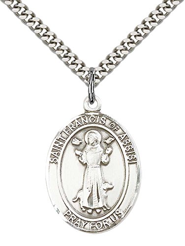 Sterling Silver St. Francis of Assisi Pendant with 24  Stainless Silver Heavy Curb Chain. Patron Saint of Animals Catholic Aktion