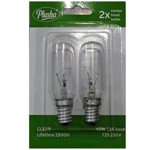 PLUSHA 2 x 40W 240V Cooker Hood Light Bulbs 2700K-[E14 Replacement Universal Small Screw Cap]-T25 for Residential and Commercial Kitchen Lighting