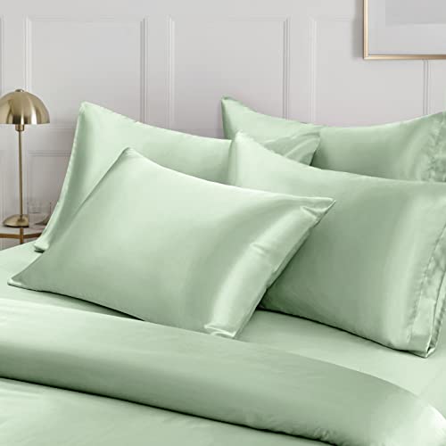 Image of Ersmak 6 Pieces Satin Duvet Cover Full /Queen Size Luxury Silky Bedding Duvet Cover Set with 1 Soft Duvet Cover, 4 Queen Pillowcases and 1 Body Pillowcase, Sage Green