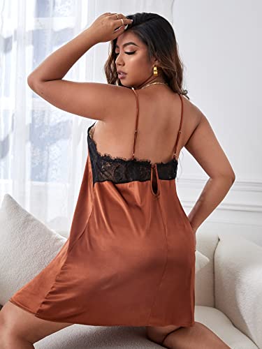 Wdirara Women's Plus Size Satin Nightgown Lace Trim Backless V Neck Sexy Chemise Rust Brown 5Xl #TOP1