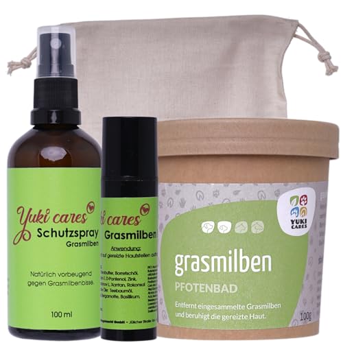 Yuki cares Grasmilben Set zum Schutz vor und gegen starken Juckreiz durch Grasmilbenbisse für Hunde