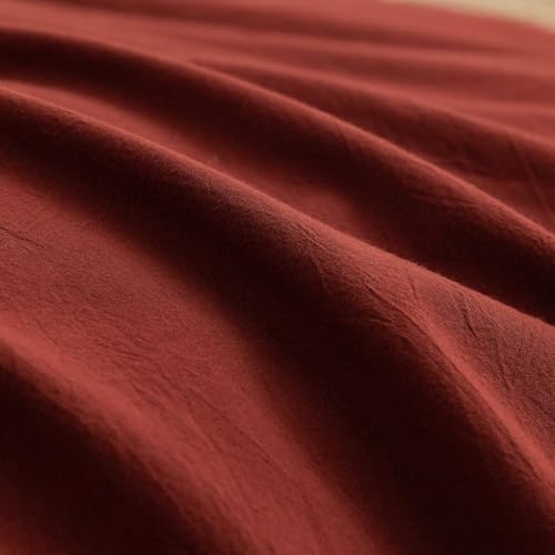 Image of BESTOUCH Cotton Solid Duvet Cover Set Fired Brick Red Super King Plus | 100% Washed Cotton, Soft Wrinkle Texture, Hidden Zipper, 8 Ties, Breathable Lightweight Durable Comfy, 3 Pcs No Insert