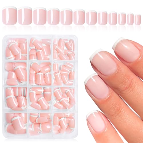 Bellelfin 240Pcs French Tip Press on Nails Short White French Nails Press on Square Fake Nails Glossy French Tips Glue on Nails Artificial Acrylic Nails for Women Girls Fingernails Design