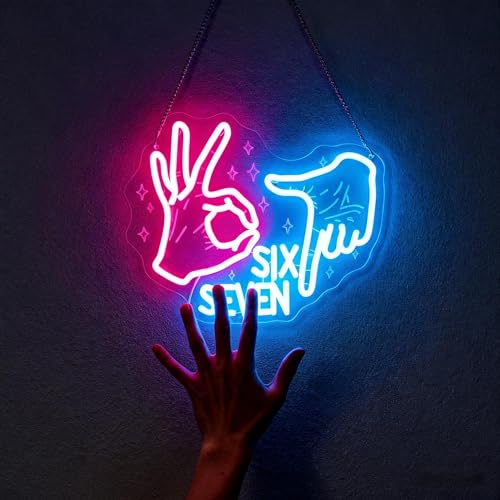 Image of 67 Neon Sign for Bedroom - Six Seven 6 7 Meme LED Wall Light | Pink Hand Gesture & Ice Blue Numbers, USB Dimmable, 13.8 inchx11.2 inch, TikTok Viral Room Decor, Gen Alpha Teens