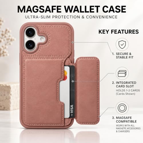 Image of amazon basics Luxury Vegan Leather Back Cover for iPhone 16 | Built-in Card Holder Slot | Integrated Mobile Stand | Slim Shockproof Protective Case with Stitched Finish - Pink