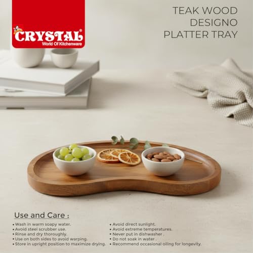 Image of Crystal Premium Teak Wood Designo Platter Tray | Wooden Serving Tray | Rustic Tray for Serving, Decoration, Storage |for Breakfast, Party, Restaurant, Coffee | Size :36 * 9 cm
