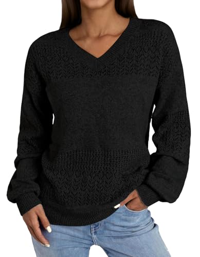 NORACORA Women's V Neck Fall Sweaters Crochet Soft Lightweight Ribbed Knit Loose Pullover Sweater Long Sleeve Tops 2025 Trendy Outfits Black