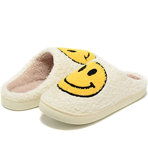 Image of Retro Fuzzy Face Slippers for Women Men, Retro Soft Fluffy Warm Home Non-Slip Couple Style Casual Smile Face Slippers Indoor Outdoor Anti-Skid Warm Cozy Foam Slide Fuzzy Slides with Soft Memory Foam Shoes