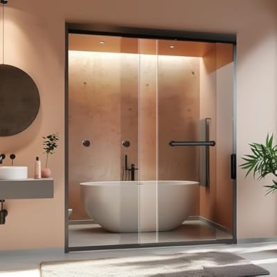 Miscoos Semi-Frameless Double Sliding Shower Door - Bypass Design, 56"-60" W x 70" H, Matte Black, 1/4" SGCC Tempered Glass with Explosion-Proof Film