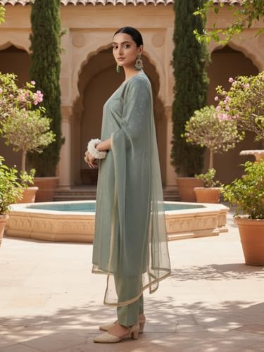 Image of Avanshee Women's Chanderi Cotton Silk with Zari Embroidery Kurta & Silk Crepe Pant Set And Net Dupatta Ethnic Wear Salwar Suit Set (ES 7539)