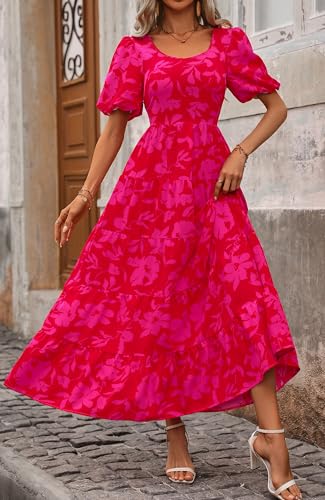Image of BTFBM Casual Women Summer Dresses 2024 Puff Sleeve Floral Maxi Dresses Smocked Backless Flowy Tiered Beach Long Dress