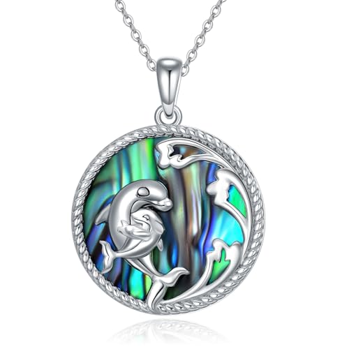 VONALA Collier avec dauphins pour maman - En argent sterling 925 - Collier coquillage d'ormeau - Pendentif dauphin - Bijoux pour la fête des mères - Cadeau d'anniversaire pour maman, femme, fille,