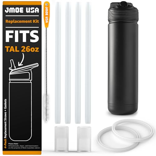 Jmoe USA 26oz Replacement Straw For Tal Ranger Water Bottle | Replacement Plastic Straws | 4-Pack Includes Cleaning Brush, Straws, and Silicone Seals For Lid | Food Grade & BPA Free