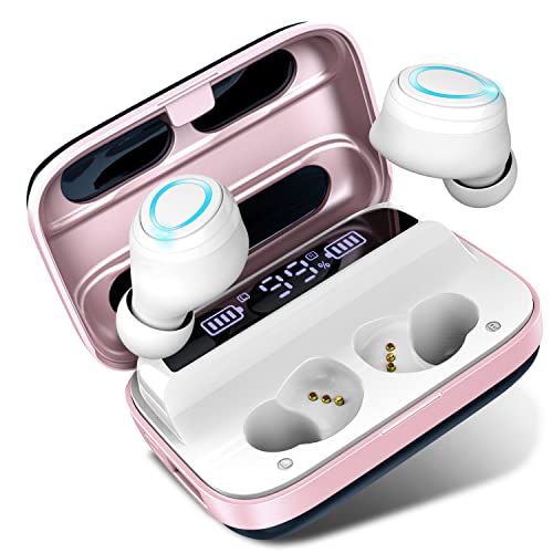 Wireless Headphones, Wireless Earbuds Bluetooth 5.3 Headphones with 140H Playtime, Wireless Earphones in Ear HiFi Stereo Noise Cancelling Bluetooth Earbuds with Mic, USB-C, IP7 Waterproof, Rose Gold