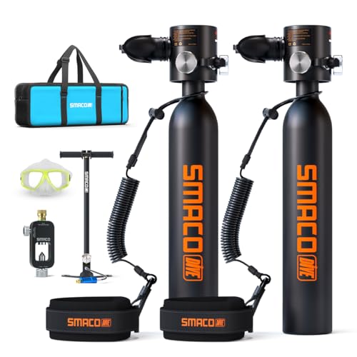 SMACO Mini Scuba Tank 0.5L Reusable Portable Diving Tank & Emergency Pony Bottle Air Suitable for Freediving, Snorkeling, and Underwater Activities DOT-Certified Air Cylinder S300 Plus