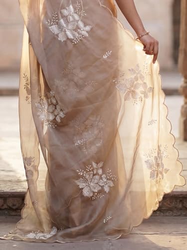 Image of AKHILAM Women's Shimmer Pure Georgette Embroidered Ready To Wear one Minute Saree With Unstitched Blouse Piece