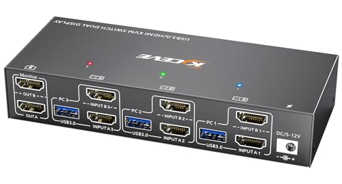 YOUTINGHDAV KVM Switch 3 PC 2 Monitore HDMI, EDID Emulator, USB 3.0 HDMI 2.0 KVM Switch Dual Monitor 4K@60Hz f&uuml;r 3 PC Teilen Tastatur, Maus, mit Wired Remote und 12V Power Adapter