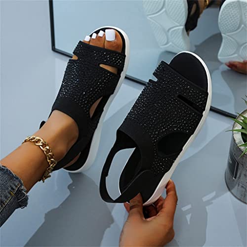 Women Sandals Stretch Flying Weave Rhinestone Casual Woman Flats Ladies Beach Shoe Big Size(D,37)2