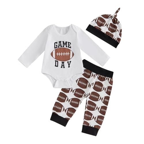 Image of Laiyqifaudy Newborn Baby Boy Football Outfit Game Day Long Sleeve Romper and Pants with Hat Fall Clothes